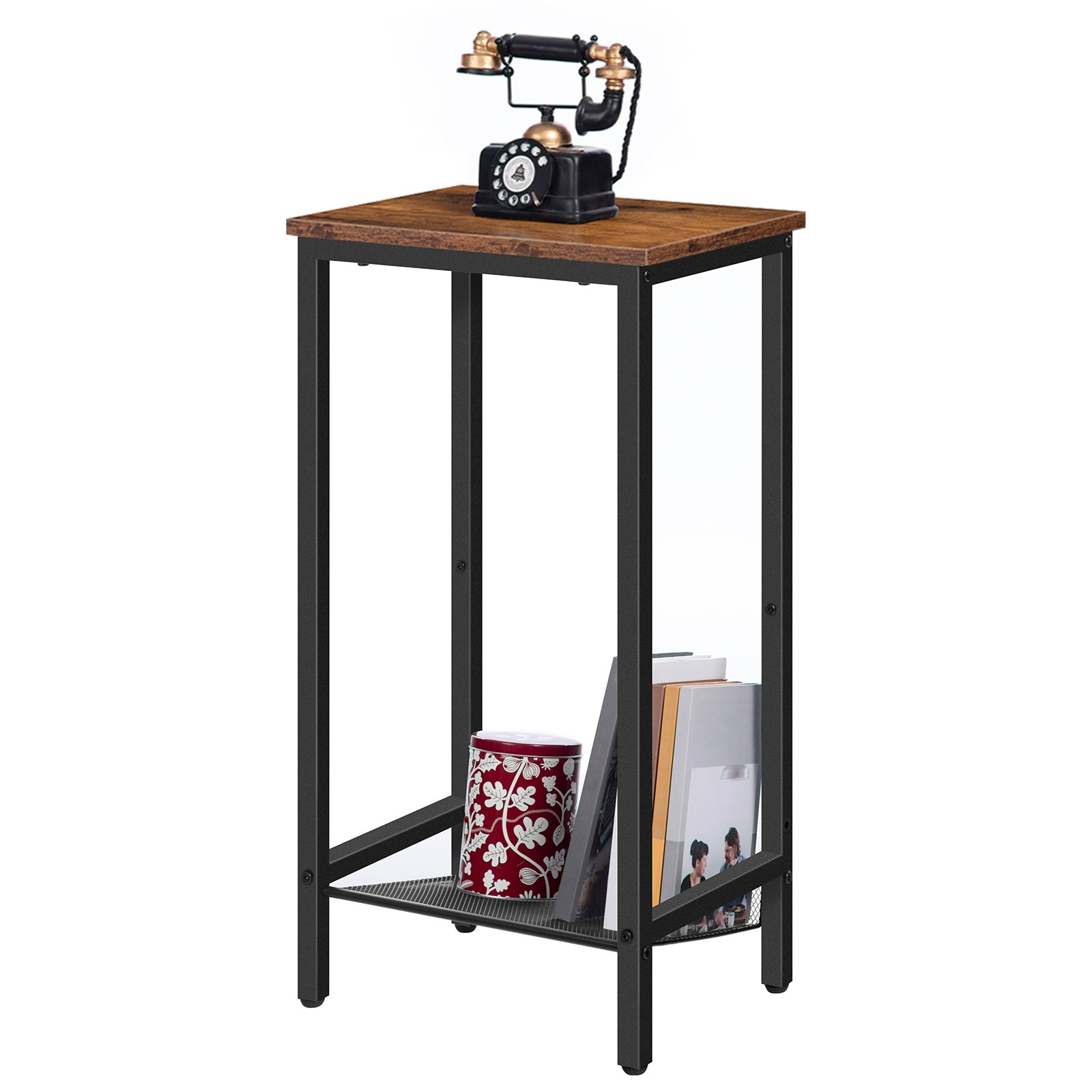 Hoher Beistelltisch, Beistelltisch im Industriestil mit verstellbaren Netzregalen, Multifunktionaler Nachttisch für Schlafzimmer, Wohnzimmer und Flur, Rustikales Braun & Schwarz