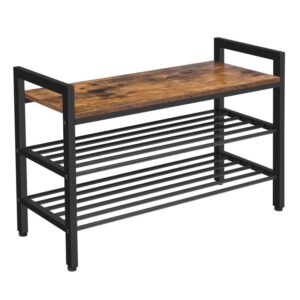 shoe bench, 3-tier shoe rack, industrial shoe storage unit with mesh shelves, shoe organizer shelf for entryway, living room, hallway, easy assembly, rustic brown