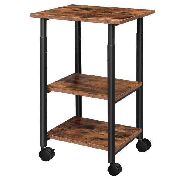 3-Tier Industrial Under-Desk Printer Stand with Shelves, Rustic Brown & Black Mobile Heavy-Duty Storage Cart on Wheels, for Home and Office