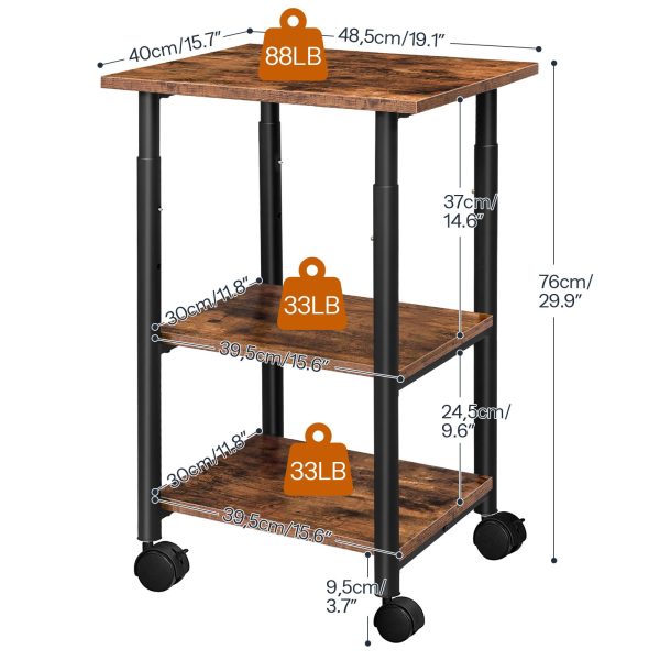 3-Tier Industrial Under-Desk Printer Stand with Shelves, Rustic Brown & Black Mobile Heavy-Duty Storage Cart on Wheels, for Home and Office