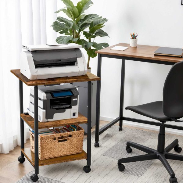 3-Tier Industrial Under-Desk Printer Stand with Shelves, Rustic Brown & Black Mobile Heavy-Duty Storage Cart on Wheels, for Home and Office