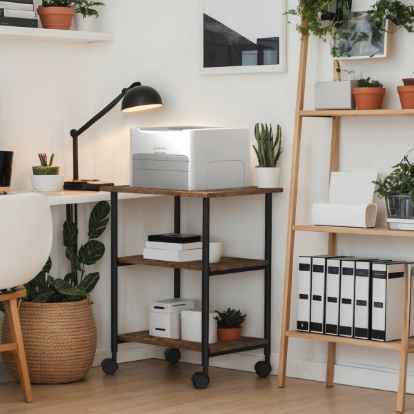 3-Tier Industrial Under-Desk Printer Stand with Shelves, Rustic Brown & Black Mobile Heavy-Duty Storage Cart on Wheels, for Home and Office