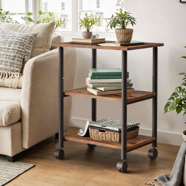 3-Tier Industrial Under-Desk Printer Stand with Shelves, Rustic Brown & Black Mobile Heavy-Duty Storage Cart on Wheels, for Home and Office