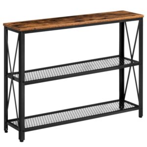 narrow console table, skinny entryway table with 2 mesh shelves, 47.2 x 9.4 x 31.9 inches sofa table behind couch, hallway, office, foyer, living room, rustic brown