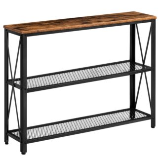 narrow console table, skinny entryway table with 2 mesh shelves, 47.2 x 9.4 x 31.9 inches sofa table behind couch, hallway, office, foyer, living room, rustic brown