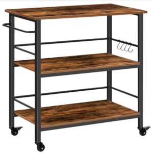 Kitchen Island with Storage,Industrial Kitchen Counter with Hooks and Side Enclosures, 3 Tier Kitchen Cart with Large Workstation, Saving Space, Easy Assembly, Rustic Brown and Black