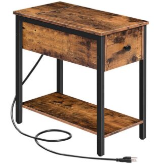 side table with charging station, narrow end table, small nightstand, bedside tables with drawer and storage shelves, for small spaces, living room, bedroom, rustic brown and black