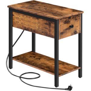 Side Table with Charging Station, Bedside Table with Socket and USB Port, Sofa Table with Drawer, Decorative Table for Small Spaces, Living Room, Bedroom, Dark Brown