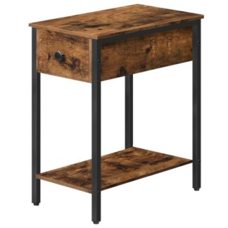 side table, 2-tier nightstand with drawer, narrow end table for small spaces, stable and sturdy construction, coffee table with metal frame, rustic brown and black