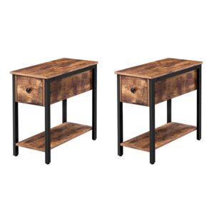 Set of 2 Narrow End Table, 2-Tier Nightstand with Drawer and Shelf, Side Table for Small Spaces, Stable and Sturdy, Wood Look Accent Table in Bedroom, Rustic Brown and