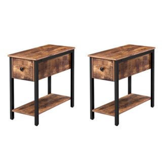 طاولة جانبية, 2-طاولة أريكة نهاية الطبقة مع الدرج, منضدة ضيقة للمساحات الصغيرة, بناء مستقر وقوي, خشب تبدو الأثاث مع إطار معدني, بني ريفي