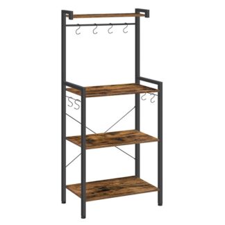 Bakers Rack für Küchenregal mit Lagerung, 4 Tier -Mikrowellenständer, multifunctional baker's rack with 8 Haken, Holzküchenlagerregal, Stallmetallrahmen, Einfache Montage, rustikales Braun