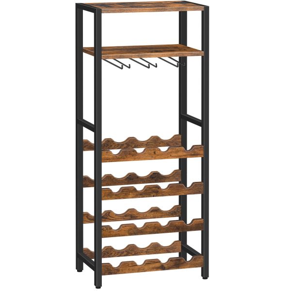 Freestanding Rustic Brown 6-Tier Wine Rack, 16-Bottle Storage Unit with Tabletop and Glass Holder, Suitable for Kitchen, Bar and Dining Room