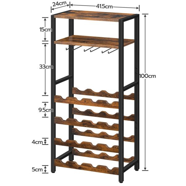 Freestanding Rustic Brown 6-Tier Wine Rack, 16-Bottle Storage Unit with Tabletop and Glass Holder, Suitable for Kitchen, Bar and Dining Room