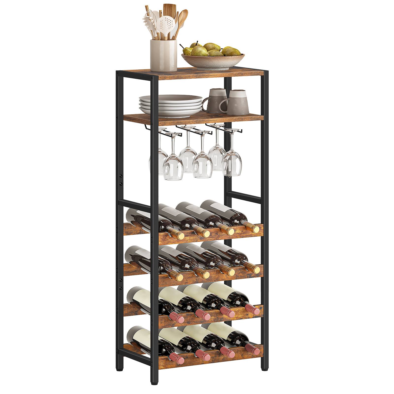 Freestanding Rustic Brown 6-Tier Wine Rack, 16-Bottle Storage Unit with Tabletop and Glass Holder, Suitable for Kitchen, Bar and Dining Room