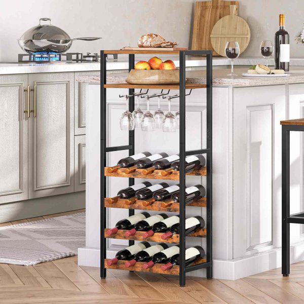 Freestanding Rustic Brown 6-Tier Wine Rack, 16-Bottle Storage Unit with Tabletop and Glass Holder, Suitable for Kitchen, Bar and Dining Room