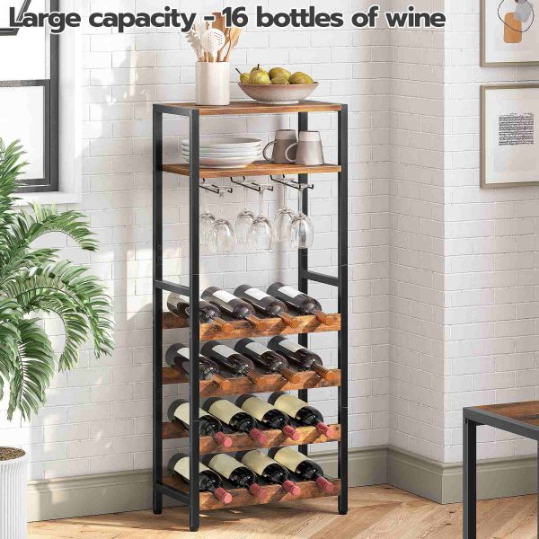 Freestanding Rustic Brown 6-Tier Wine Rack, 16-Bottle Storage Unit with Tabletop and Glass Holder, Suitable for Kitchen, Bar and Dining Room