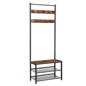coat rack, hall tree entryway shoe bench, storage shelf organizer with 9 flexible hooks, wood look accent furniture with metal frame, easy assembly, industrial design, rustic brown