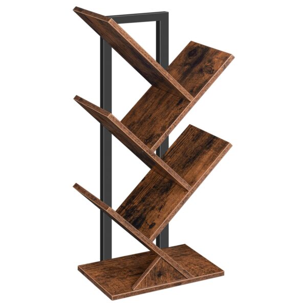 Tree Bookshelf, 5-Tier Bookcase Wooden Shelves, Floor Standing Storage Rack, for Display of CDs, Books in Living Room, Home Office, Wood Storage Rack for Bedroom, Rustic Brown