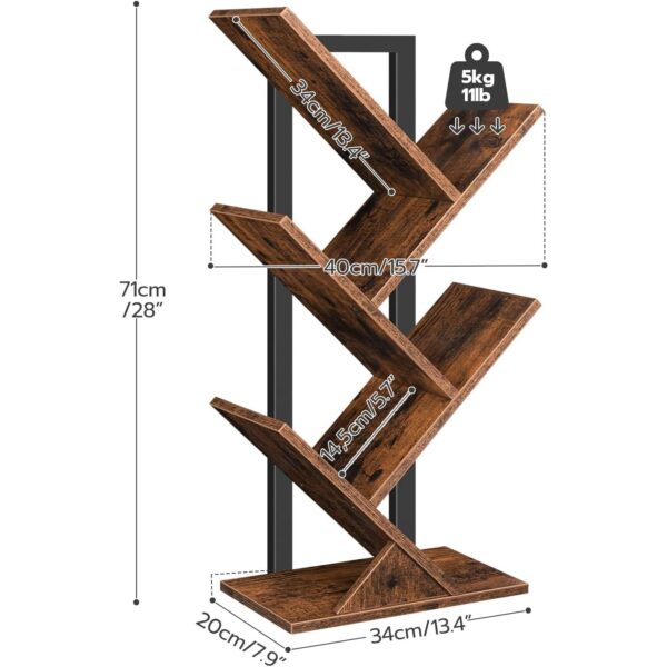 Tree Bookshelf, 5-Tier Bookcase Wooden Shelves, Floor Standing Storage Rack, for Display of CDs, Books in Living Room, Home Office, Wood Storage Rack for Bedroom, Rustic Brown