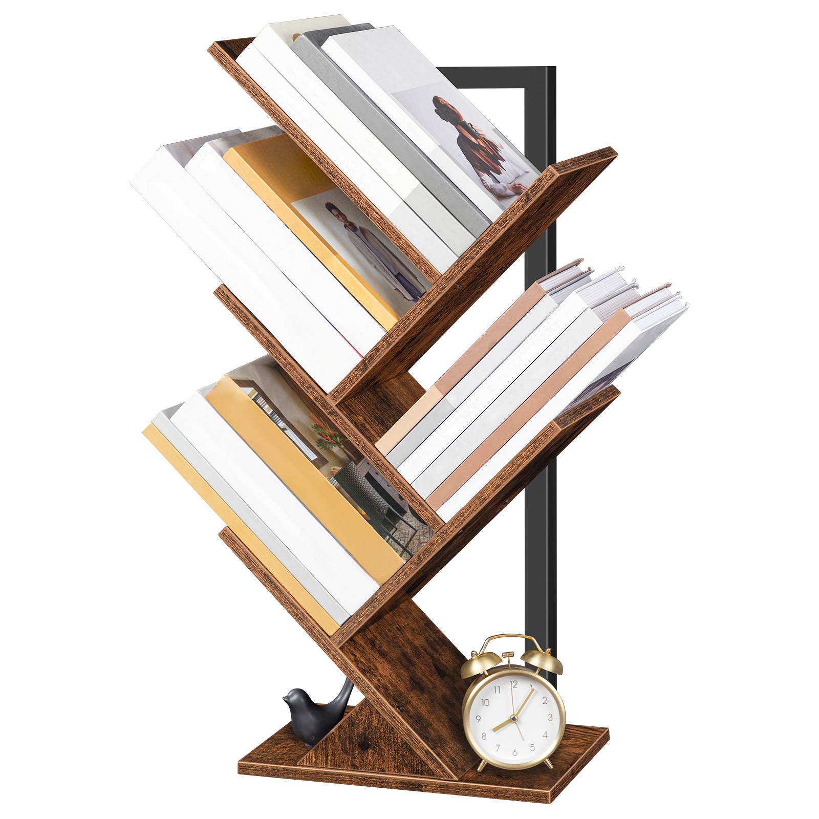 Tree Bookshelf, 5-Tier Bookcase Wooden Shelves, Floor Standing Storage Rack, for Display of CDs, Books in Living Room, Home Office, Wood Storage Rack for Bedroom, Rustic Brown