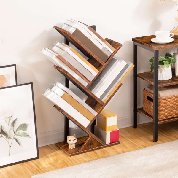 Tree Bookshelf, 5-Tier Bookcase Wooden Shelves, Floor Standing Storage Rack, for Display of CDs, Books in Living Room, Home Office, Wood Storage Rack for Bedroom, Rustic Brown