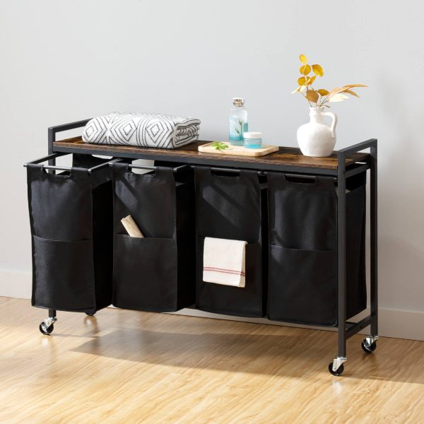 4-قسم سلة فارز الغسيل, عربة غسيل متدحرجة مع أكياس قماش أكسفورد قابلة للإزالة, 4 مقصورات (كل 39.8 لتر), عجلات قابلة للقفل, ريفي براون & أسود