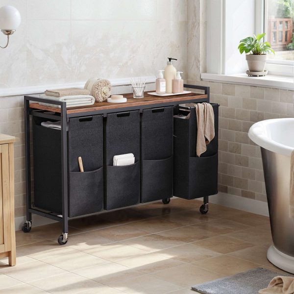 4-قسم سلة فارز الغسيل, عربة غسيل متدحرجة مع أكياس قماش أكسفورد قابلة للإزالة, 4 مقصورات (كل 39.8 لتر), عجلات قابلة للقفل, ريفي براون & أسود