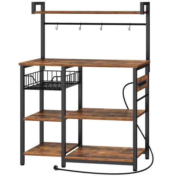 Kitchen Storage Shelf with Power Sockets, Free-Standing Microwave Oven Stand, Equipped with 4 S-Hooks, Rustic Brown & Black