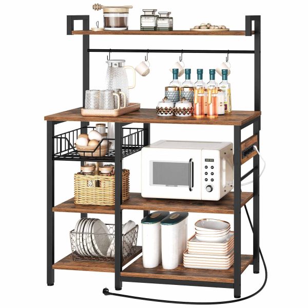 Kitchen Storage Shelf with Power Sockets, Free-Standing Microwave Oven Stand, Equipped with 4 S-Hooks, Rustic Brown & Black