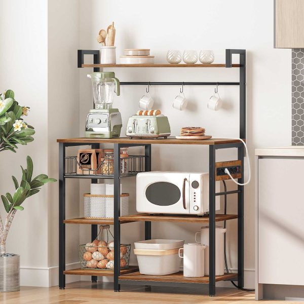 Kitchen Storage Shelf with Power Sockets, Free-Standing Microwave Oven Stand, Equipped with 4 S-Hooks, Rustic Brown & Black