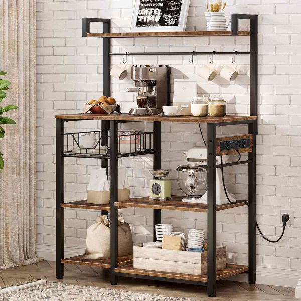 Kitchen Storage Shelf with Power Sockets, Free-Standing Microwave Oven Stand, Equipped with 4 S-Hooks, Rustic Brown & Black