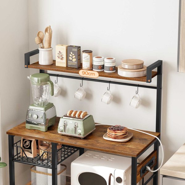 Kitchen Storage Shelf with Power Sockets, Free-Standing Microwave Oven Stand, Equipped with 4 S-Hooks, Rustic Brown & Black