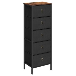 Commode avec 5 Tiroirs, Tour de rangement en tissu, Unité d'organisation pour chambre à coucher, Couloir, Entrée, Placards, Cadre en acier robuste, Dessus en bois, Poignée facile à tirer, Brun noir et rustique