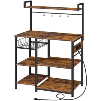 Kitchen Bakers Rack with Power Outlet, Coffee Bar, Microwave Oven Stand with Mesh Basket, Coffee Station with 4 S-Shaped Hook, Kitchen Shelf, for Kitchen, Living Room, Rustic Brown