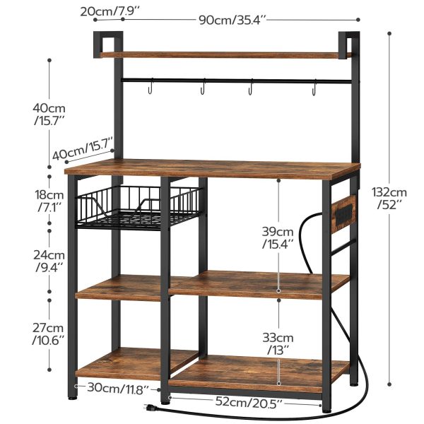 Rack de padeiros de cozinha com tomada, Café multifuncional & Suporte para forno micro-ondas, Equipado com cesto de malha e 4 Ganchos em forma de S, Prateleira versátil de armazenamento de cozinha para cozinha & Sala de estar, Marrom Rústico