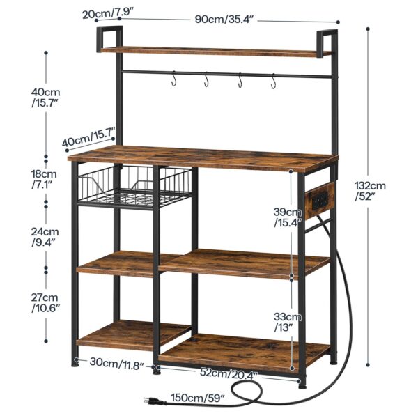 Kitchen Storage Rack with Integrated Power Outlet, Industrial Bakers Rack, Coffee Station Equipped with 4 S-Hooks, Multifunctional Microwave Stand with Storage Shelves, Easy Assembly, Rustic Brown & Black