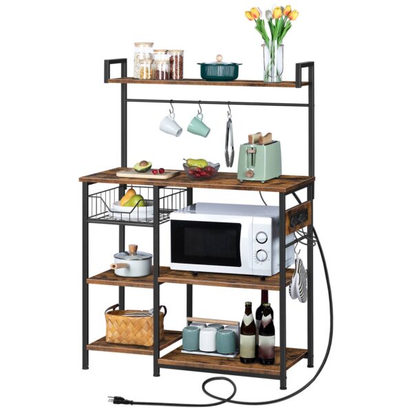 Kitchen Storage Rack with Integrated Power Outlet, Industrial Bakers Rack, Coffee Station Equipped with 4 S-Hooks, Multifunctional Microwave Stand with Storage Shelves, Easy Assembly, Rustic Brown & Black