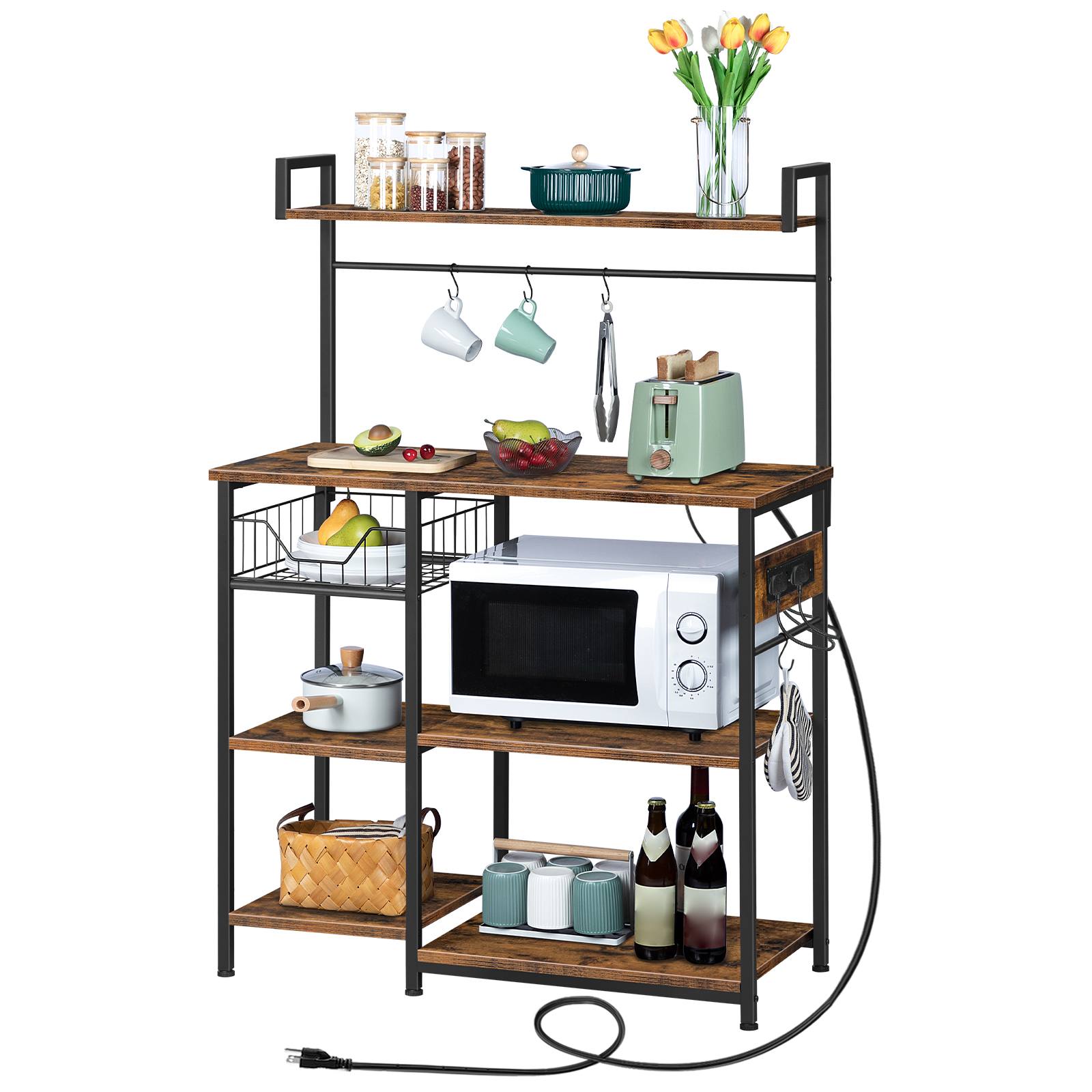 Kitchen Storage Rack with Integrated Power Outlet, Industrial Bakers Rack, Coffee Station Equipped with 4 S-Hooks, Multifunctional Microwave Stand with Storage Shelves, Easy Assembly, Rustic Brown & Black