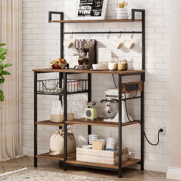 Kitchen Storage Rack with Integrated Power Outlet, Industrial Bakers Rack, Coffee Station Equipped with 4 S-Hooks, Multifunctional Microwave Stand with Storage Shelves, Easy Assembly, Rustic Brown & Black