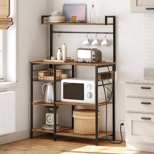 Kitchen Storage Rack with Integrated Power Outlet, Industrial Bakers Rack, Coffee Station Equipped with 4 S-Hooks, Multifunctional Microwave Stand with Storage Shelves, Easy Assembly, Rustic Brown & Black