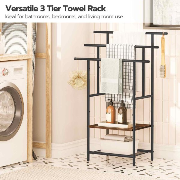 رف مناشف الحمام قائما بذاته, أسود & رف بطانية متدرج بارتفاع 100 سم باللون البني الريفي مع أرفف, رف عرض وتجفيف مناشف الحمام كبير الحجم