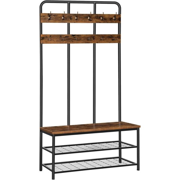 Rustic Brown Hall Tree with Bench, Entryway Coat Rack with 12 Double Hooks, 2-Tier Shoe Storage Organizer, Suitable for Foyer and Front Door