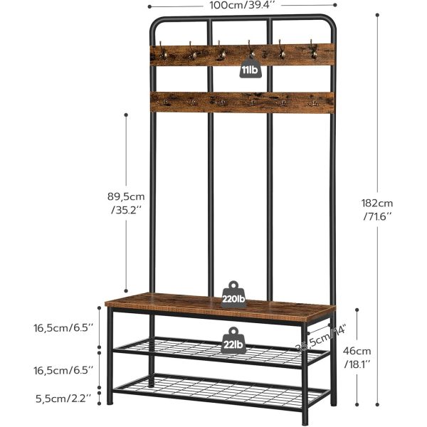 Rustic Brown Hall Tree with Bench, Entryway Coat Rack with 12 Double Hooks, 2-Tier Shoe Storage Organizer, Suitable for Foyer and Front Door