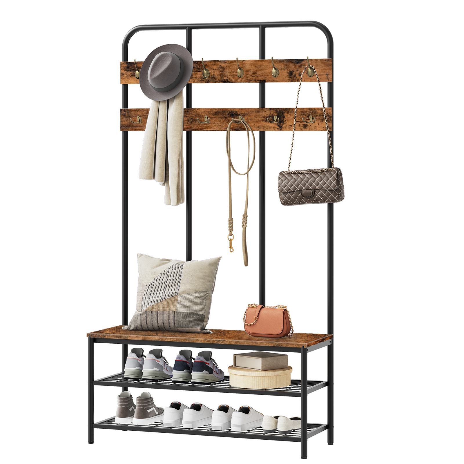 Arbre d'entrée brun rustique avec banc, Portemanteau d'entrée avec 12 Crochets doubles, 2-Organisateur de rangement de chaussures à niveaux, Convient pour le foyer et la porte d'entrée