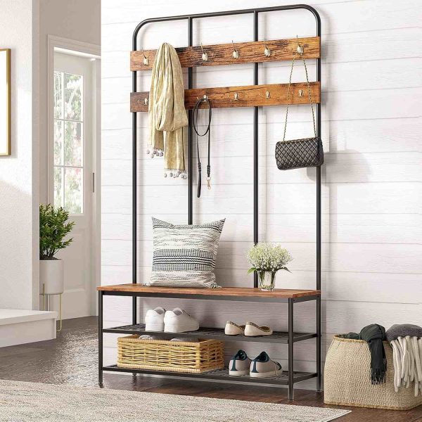 Rustic Brown Hall Tree with Bench, Entryway Coat Rack with 12 Double Hooks, 2-Tier Shoe Storage Organizer, Suitable for Foyer and Front Door