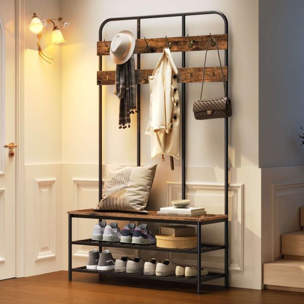 Rustic Brown Hall Tree with Bench, Entryway Coat Rack with 12 Double Hooks, 2-Tier Shoe Storage Organizer, Suitable for Foyer and Front Door
