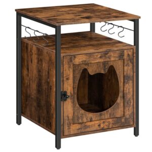 cat litter box with door, 19.7 x 19.7 x 26 inches, hidden litter box furniture cabinet with 6 movable hooks, single door pet box with cat head hole, end table, rustic brown and black