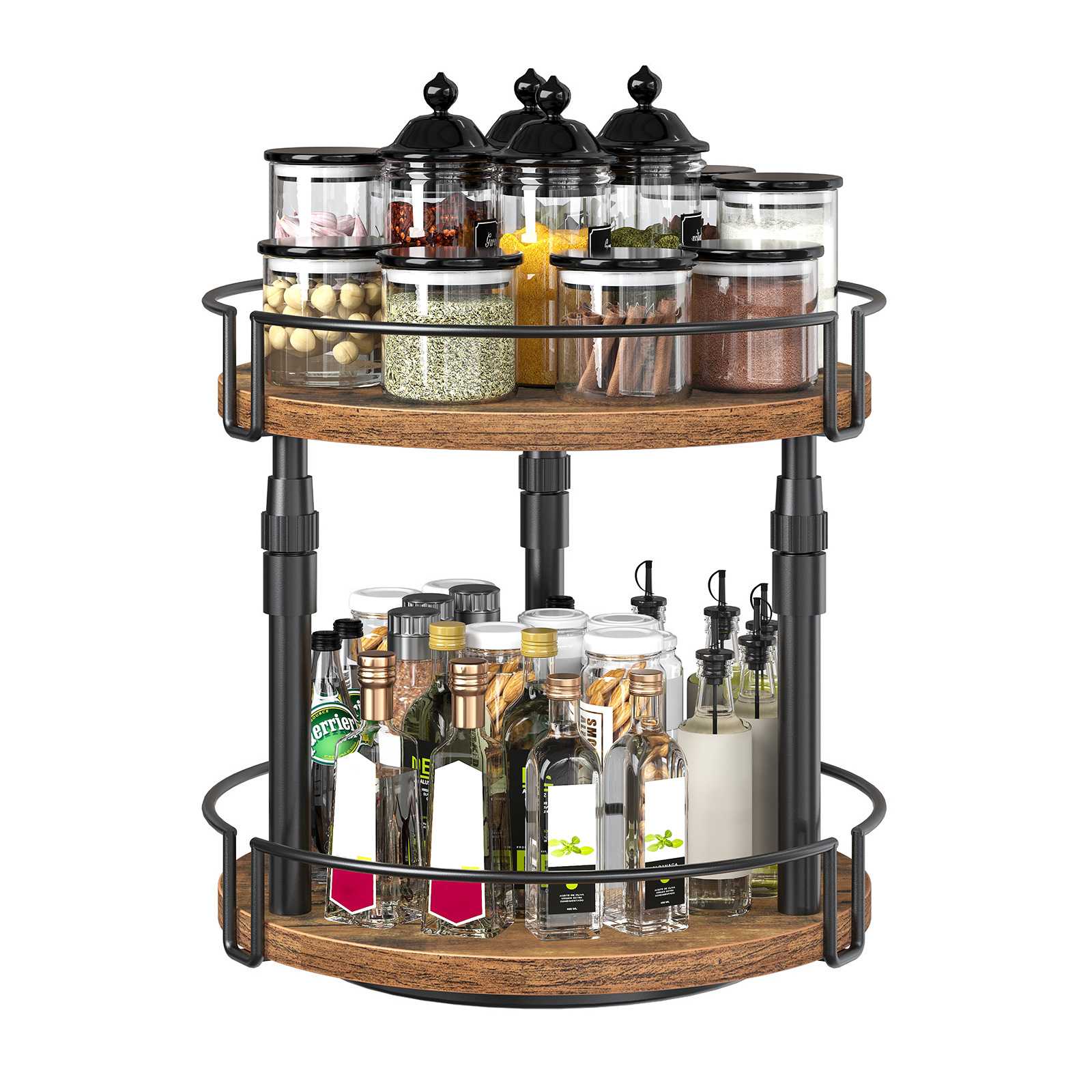 2-Organisateur d'épices Lazy Susan rotatif à hauteur réglable et à niveaux, Support à bouteilles d'assaisonnement marron rustique pour comptoirs et armoires de cuisine