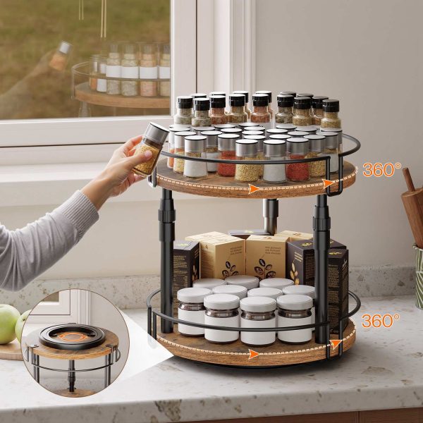 2-Organisateur d'épices Lazy Susan rotatif à hauteur réglable et à niveaux, Support à bouteilles d'assaisonnement marron rustique pour comptoirs et armoires de cuisine